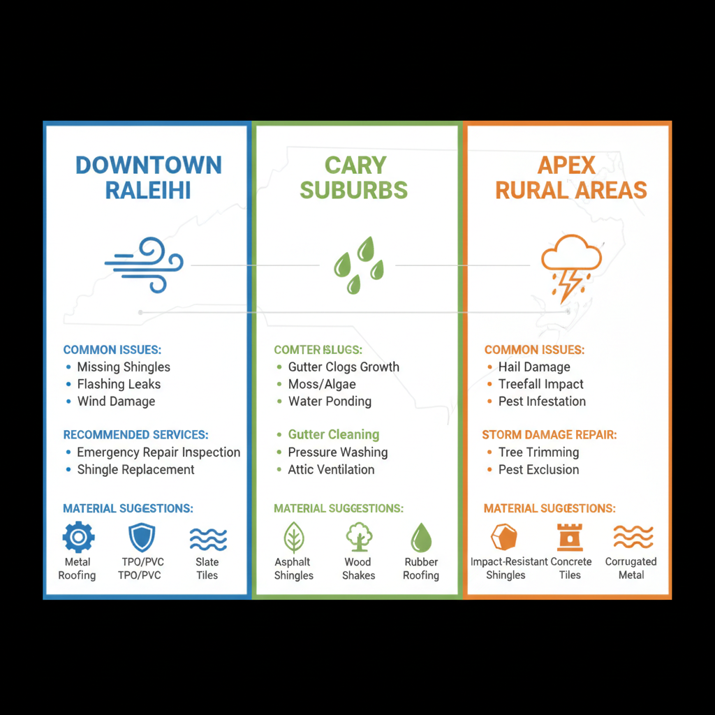 Infographic comparing roofing needs in Downtown Raleigh, Cary Suburbs, and Apex Rural Areas with icons and recommendations