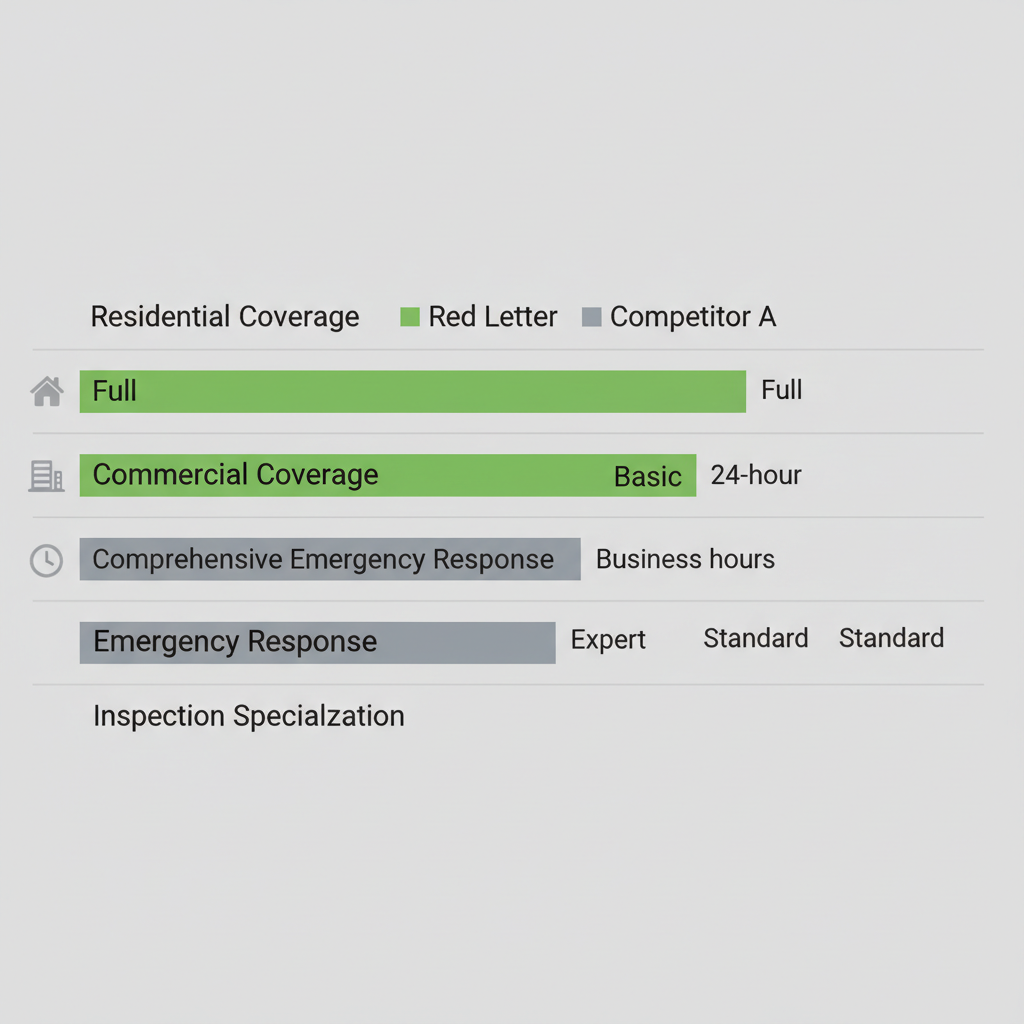 Horizontal bar chart comparing key roofing service aspects between Red Letter Roofing and a competitor in Raleigh