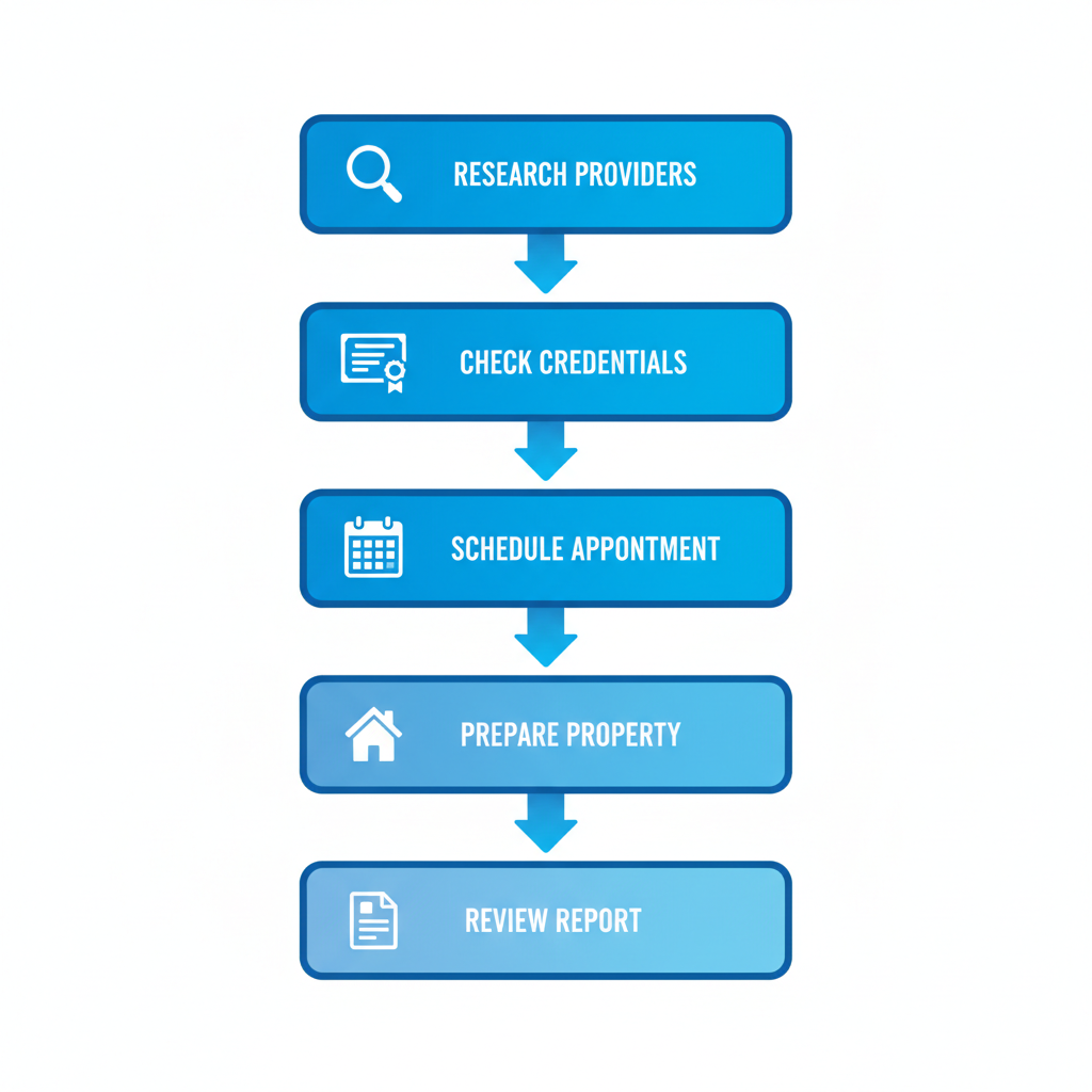 Vertical process flow diagram showing five steps to arrange a roof inspection: research providers, check credentials, schedule appointment, prepare property, and review report.