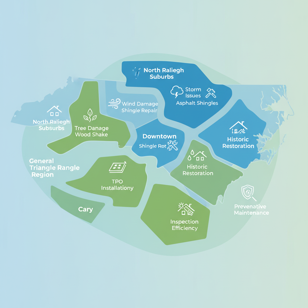 Infographic showing roofing challenges and solutions in various Raleigh neighborhoods with map and icons