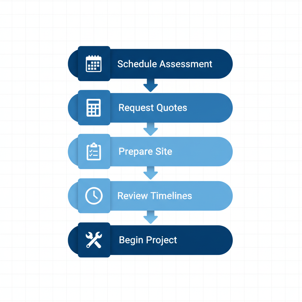 Vertical process flow diagram showing five steps to start a roofing project in Raleigh, from scheduling assessment to beginning the project.