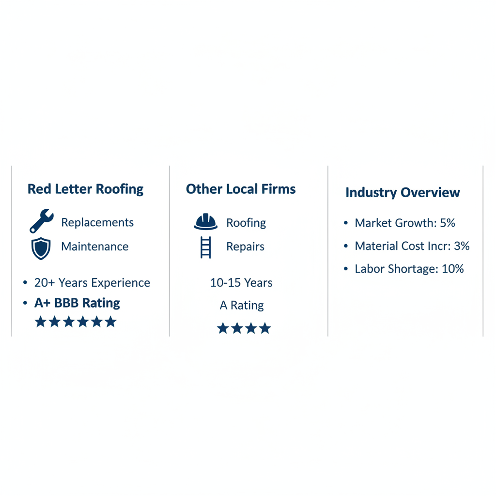 Infographic comparing Red Letter Roofing and other commercial contractors in Raleigh with service icons, experience years, and BBB ratings