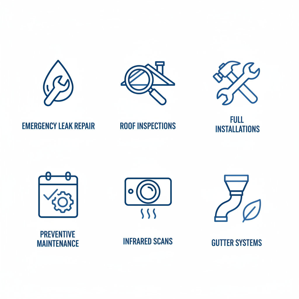 Grid of icons illustrating commercial roofing services including leak repair, inspections, installations, maintenance, scans, and gutters.