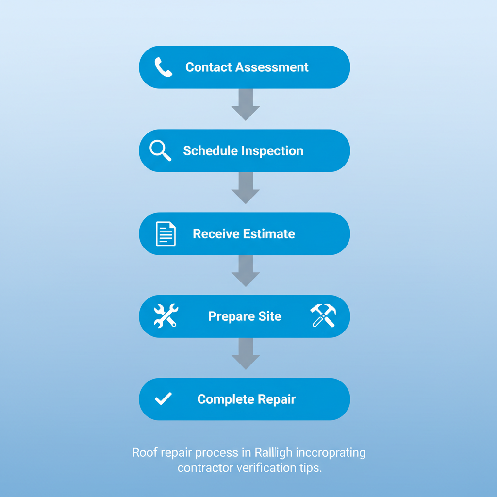 Vertical process flow diagram showing five key steps for roof repair in Raleigh with icons and labels for accessibility.