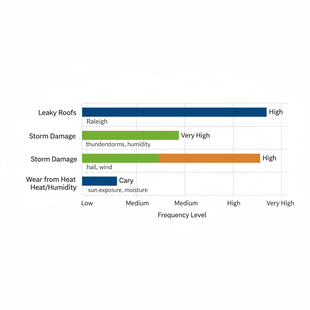 Horizontal bar chart comparing frequency of roofing issues including leaky roofs, storm damage, and wear from heat and humidity in Raleigh, Durham, and Cary with cause labels.