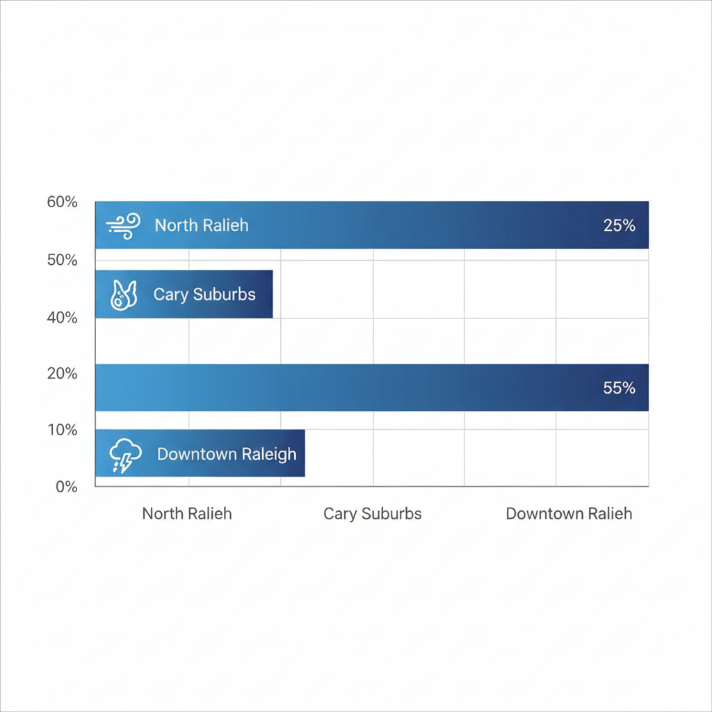 Horizontal bar chart showing roofing issue frequencies in North Raleigh (25%, wind), Cary Suburbs (45%, algae), and Downtown Raleigh (55%, storm).