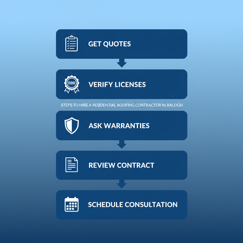 Vertical process flow diagram illustrating five key steps to hire a roofing contractor in Raleigh, featuring icons and connected stages.
