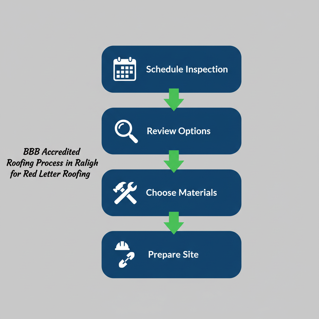 Vertical process flow diagram illustrating four steps to begin a roofing project in Raleigh: scheduling inspection with calendar and house icons, reviewing options with clipboard and dollar sign, choosing materials with roof tiles and checkmark, and preparing site with tools and clock.