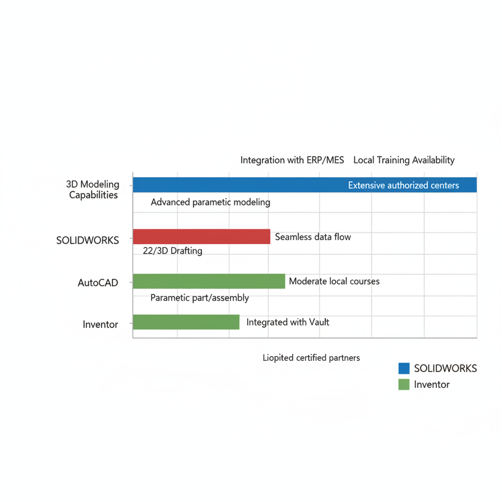 Horizontal bar chart comparing key features of SOLIDWORKS, AutoCAD, and Inventor for manufacturers in Charlotte, NC