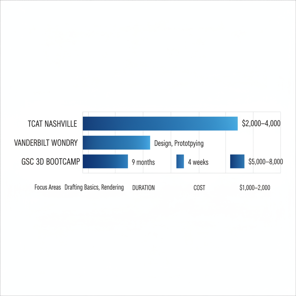Horizontal bar chart comparing Nashville 3D training providers on focus, duration, cost, and integration metrics