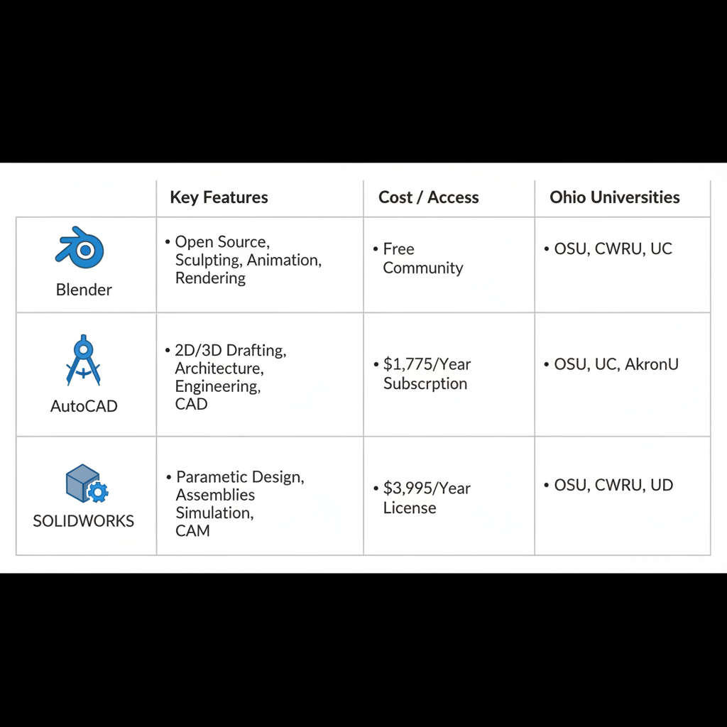 Infographic comparison of Blender, AutoCAD, and SOLIDWORKS 3D modeling software in Ohio educational programs, including features, costs, and institutions.