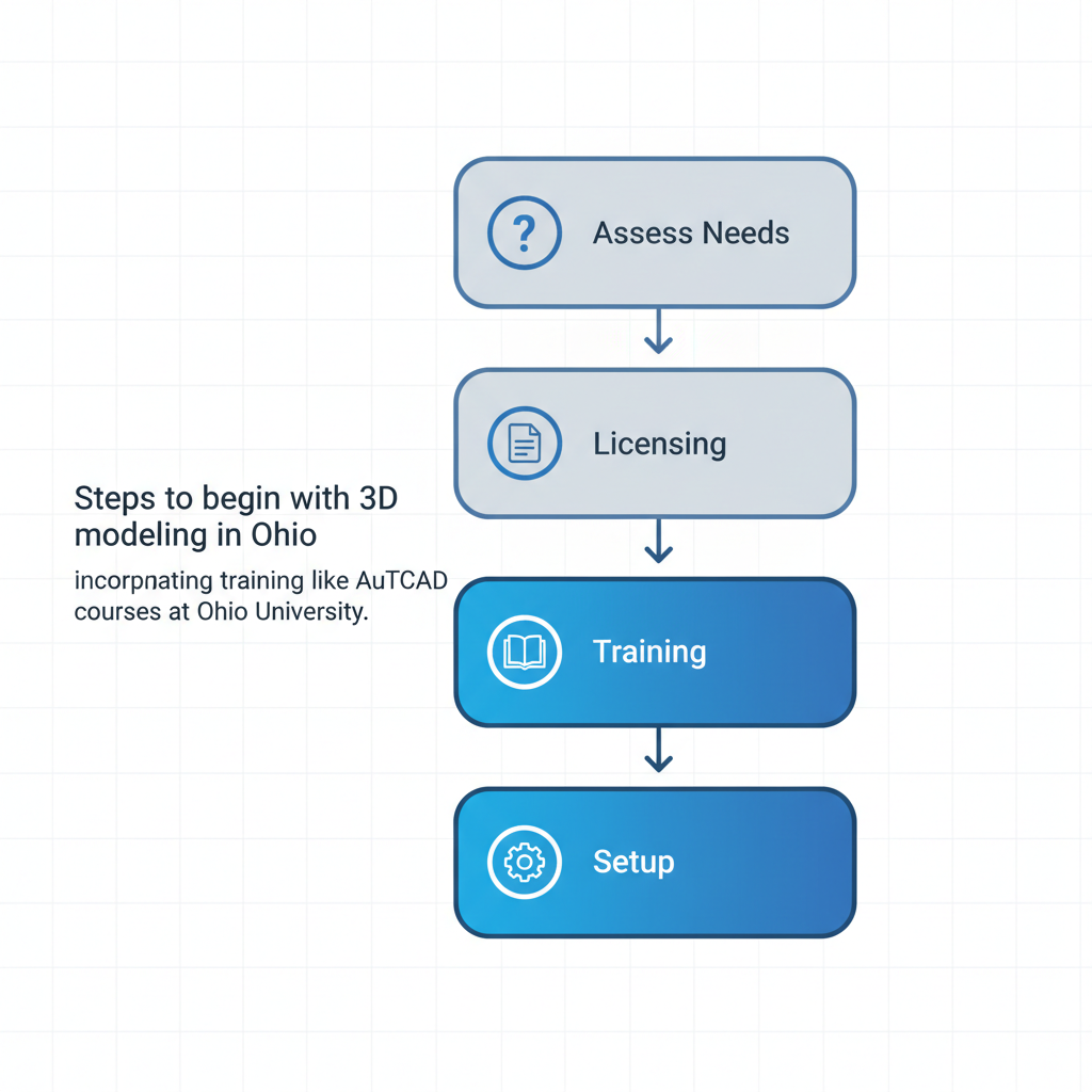 Vertical process flow diagram showing four steps to start 3D modeling in Ohio with icons and arrows.