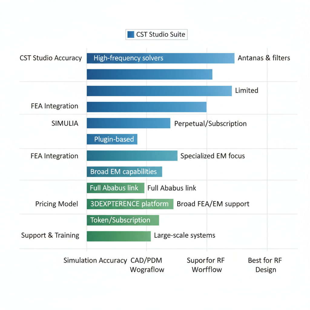 Horizontal bar chart comparing CST Studio Suite and SIMULIA across electromagnetic simulation features like accuracy and integration.