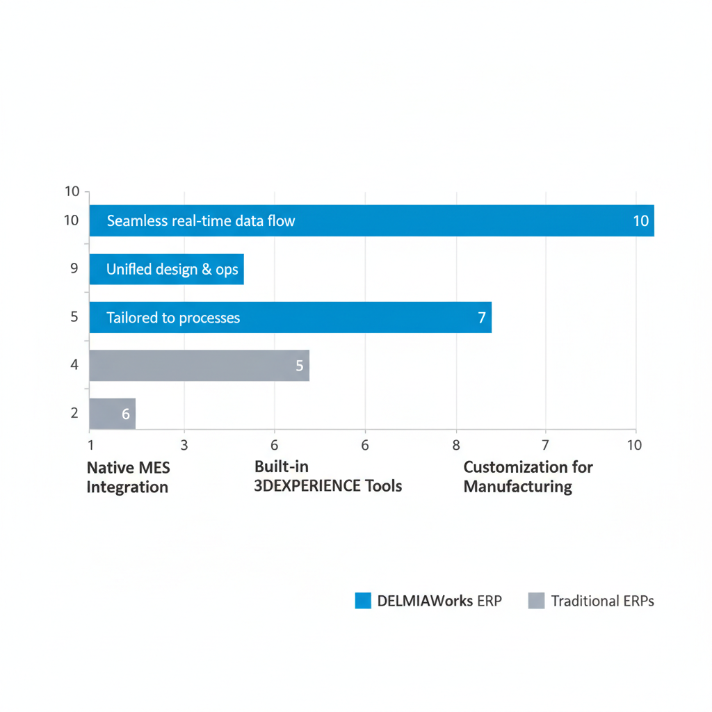 Horizontal bar chart comparing DELMIAWorks ERP features to traditional ERPs with ratings on a 1-10 scale