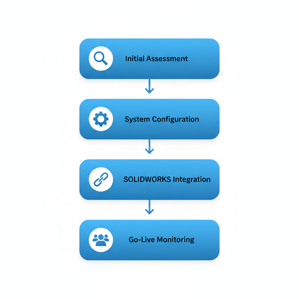 Vertical process flow diagram showing five steps for DELMIAWorks implementation: assessment, configuration, integration, training, and go-live.