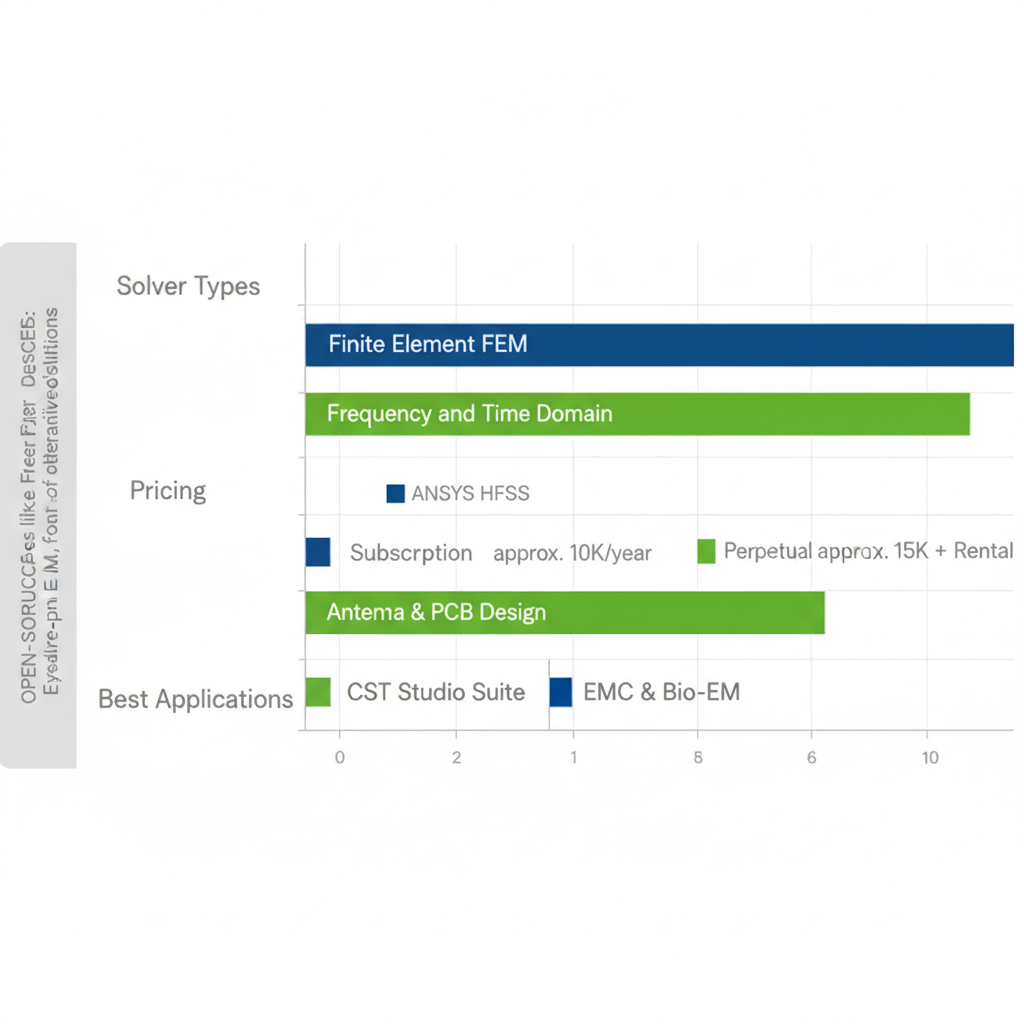 Horizontal bar chart comparing ANSYS HFSS and CST Studio Suite across solver types, pricing, and best applications with blue and green bars.
