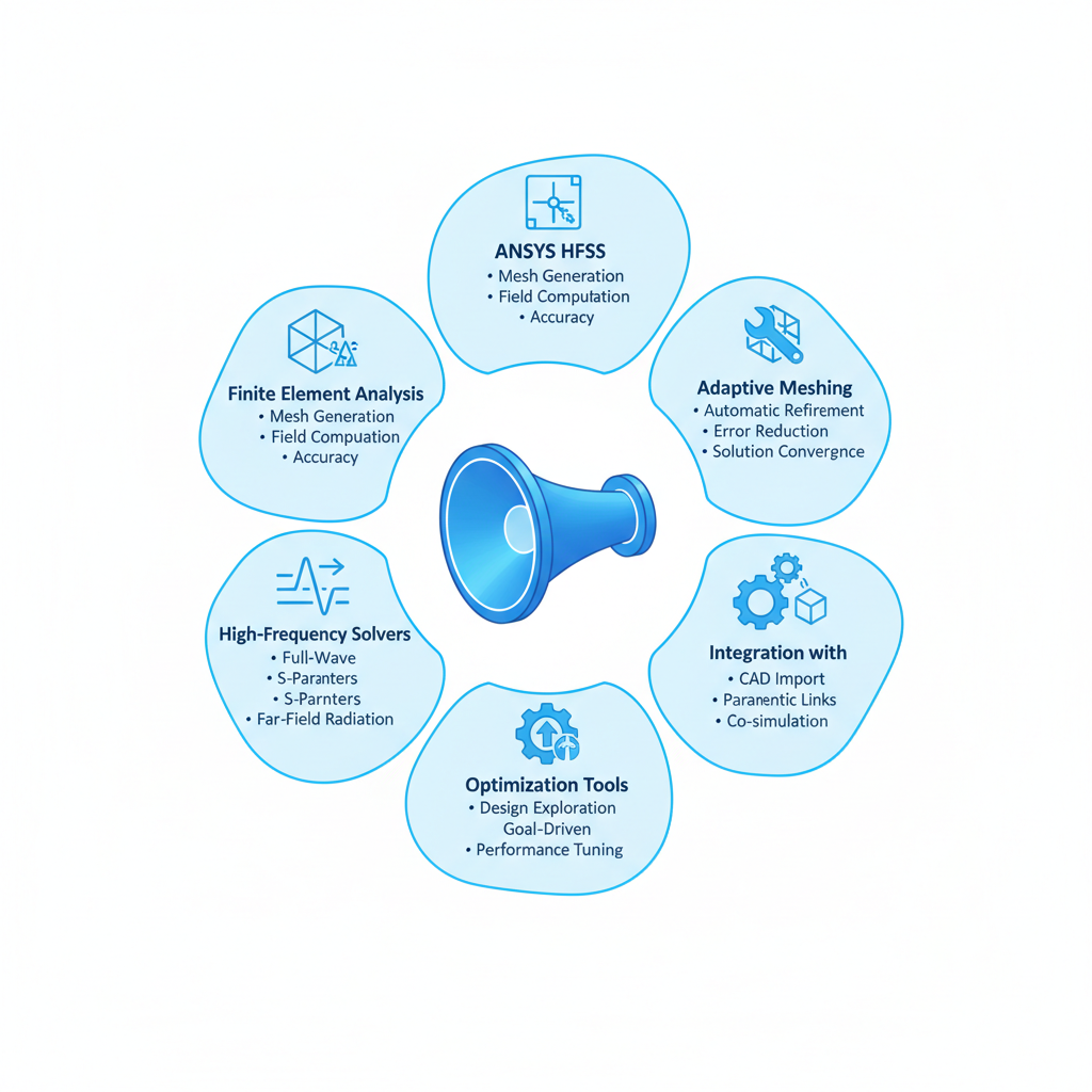 Infographic showing key features of ANSYS HFSS including finite element analysis, adaptive meshing, high-frequency solvers, SOLIDWORKS integration, and optimization tools around a central 3D antenna model.