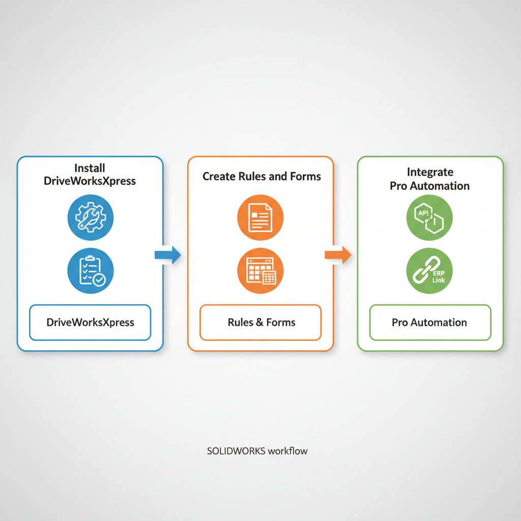 Horizontal process flow diagram illustrating the three key steps for implementing DriveWorks in SOLIDWORKS workflow with icons and color-coded stages.