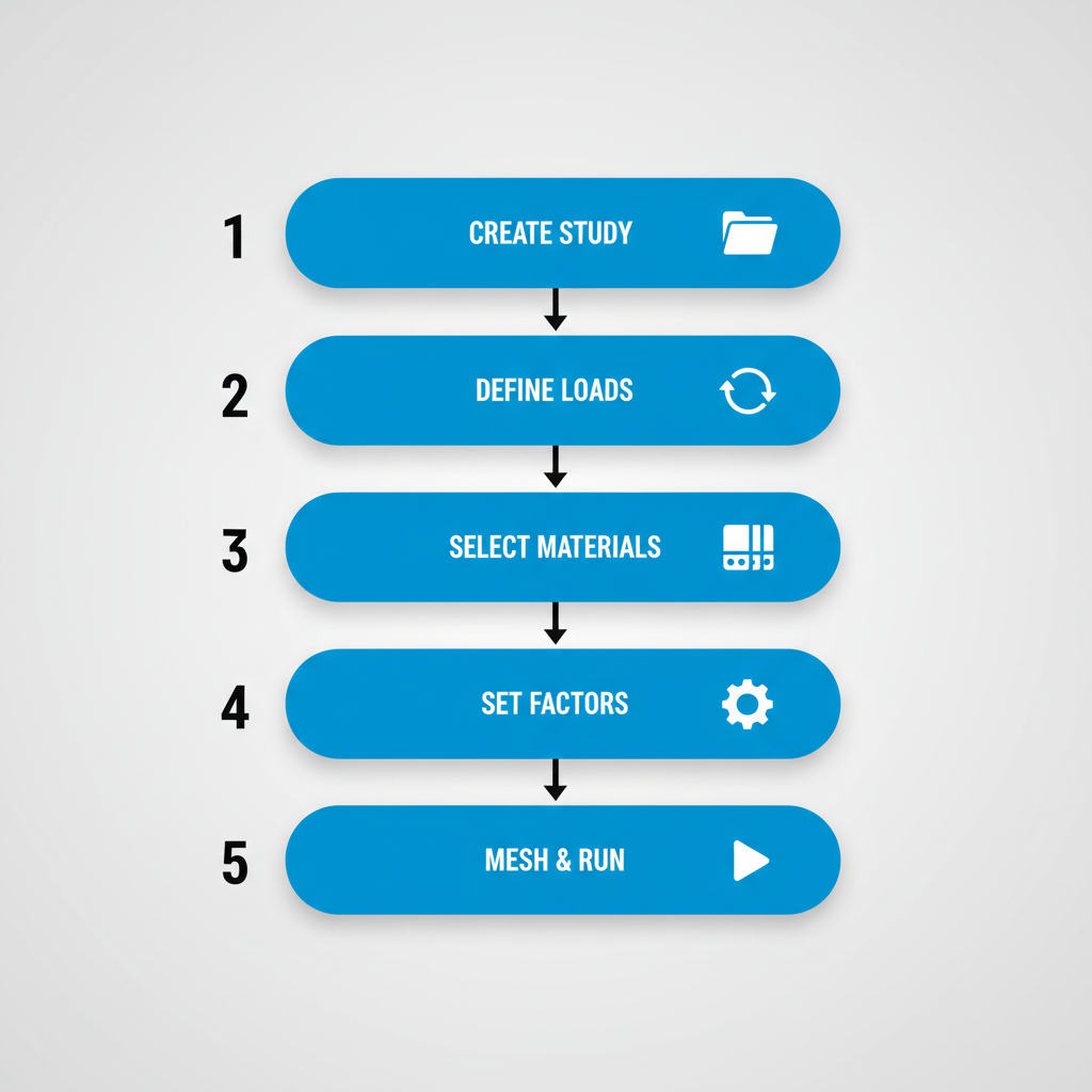 Vertical process flow diagram illustrating five steps for setting up fatigue analysis in SOLIDWORKS Simulation with icons and labels.