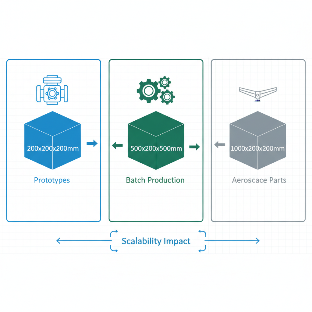 Infographic comparing build volumes of 3D printers: compact blue for prototypes, green mid-range for batch production, gray large for aerospace manufacturing with icons and arrows.