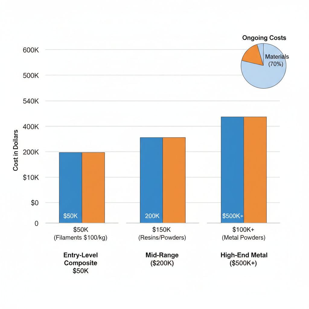 Bar chart showing total cost of ownership for industrial 3D printers across entry-level, mid-range, and high-end categories with purchase, materials, and maintenance breakdowns