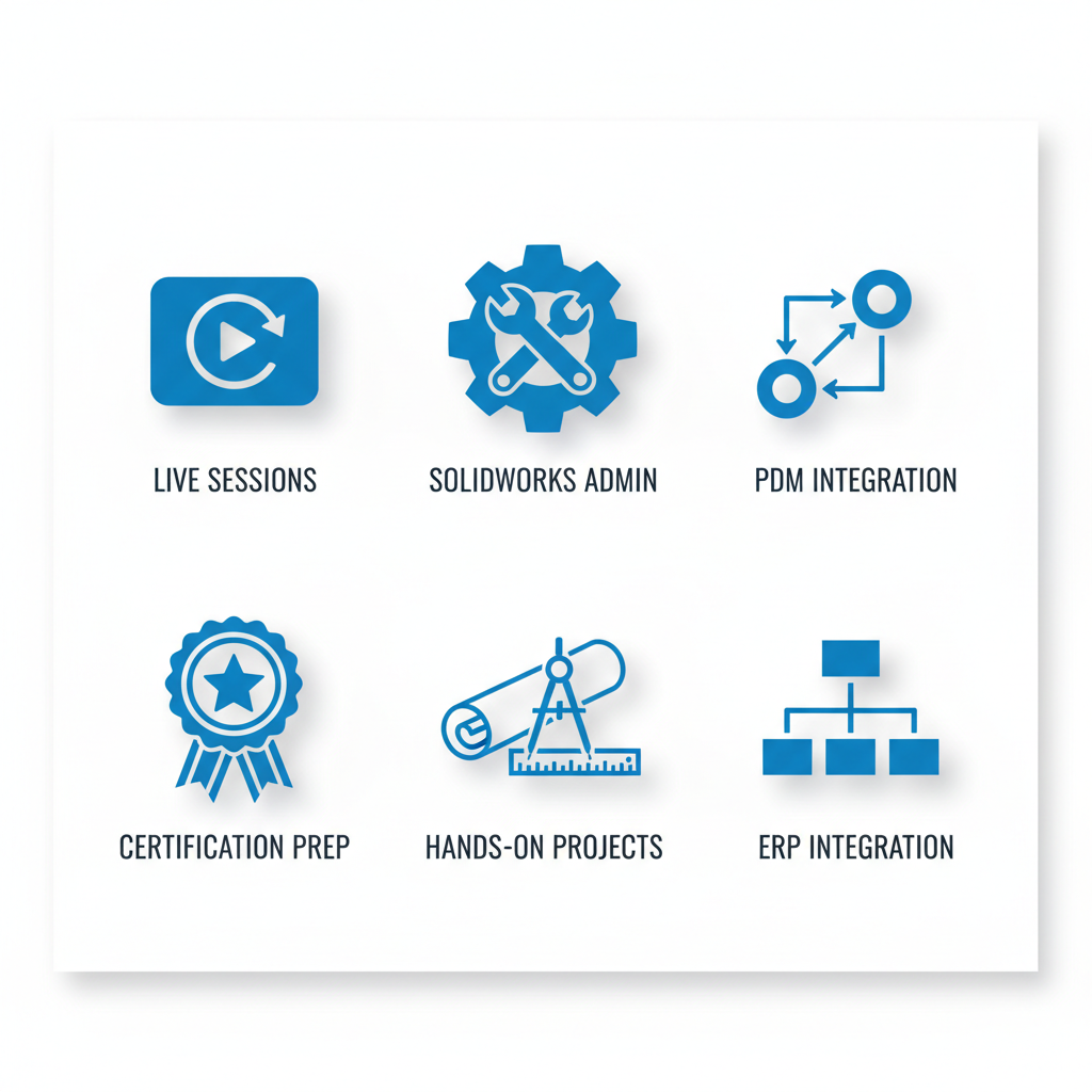 Grid of icons depicting key features of GSC 3D CAD Manager Bootcamp including virtual sessions, administration, PDM integration, certification, projects, and ERP integration.