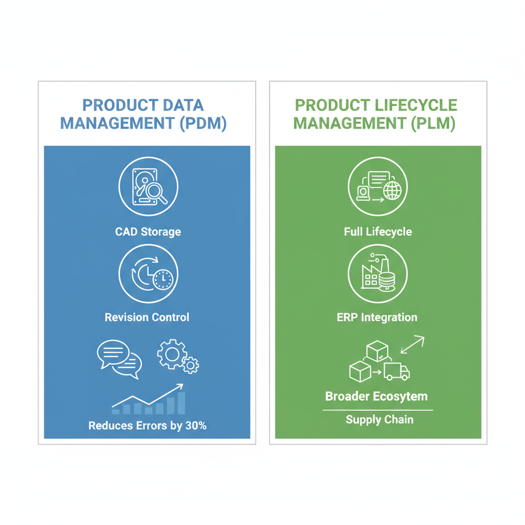Side-by-side infographic comparing PDM and PLM systems with icons and key metrics