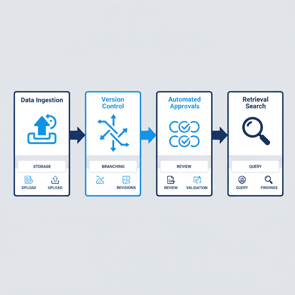 Horizontal process flow diagram illustrating PDM system operations with four connected steps: data ingestion, version control, approvals, and retrieval.