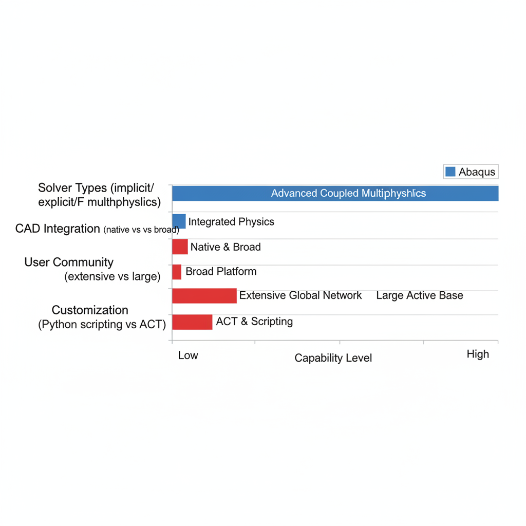 Horizontal bar chart comparing Abaqus and ANSYS key simulation features including solver types, CAD integration, user community, and customization.