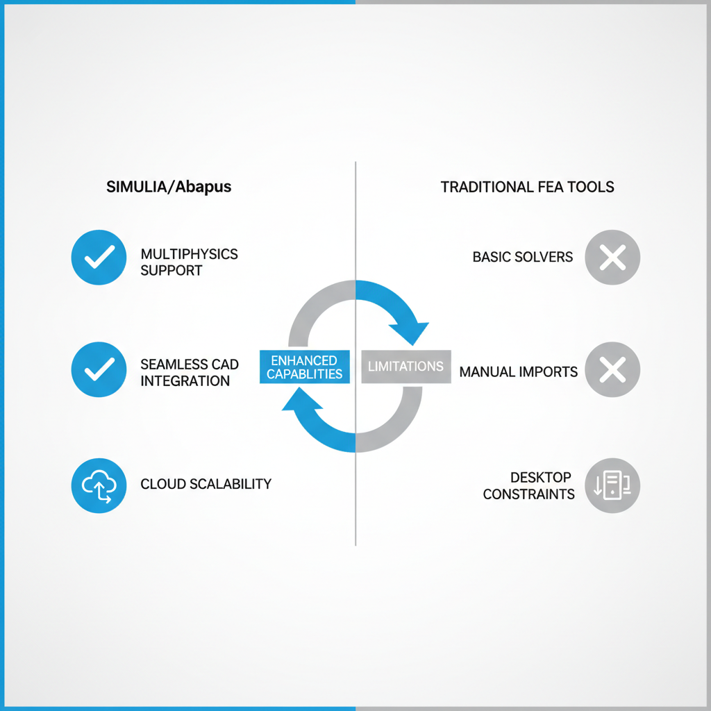 Infographic comparing SIMULIA and Abaqus features to traditional FEA tool limitations in side-by-side format