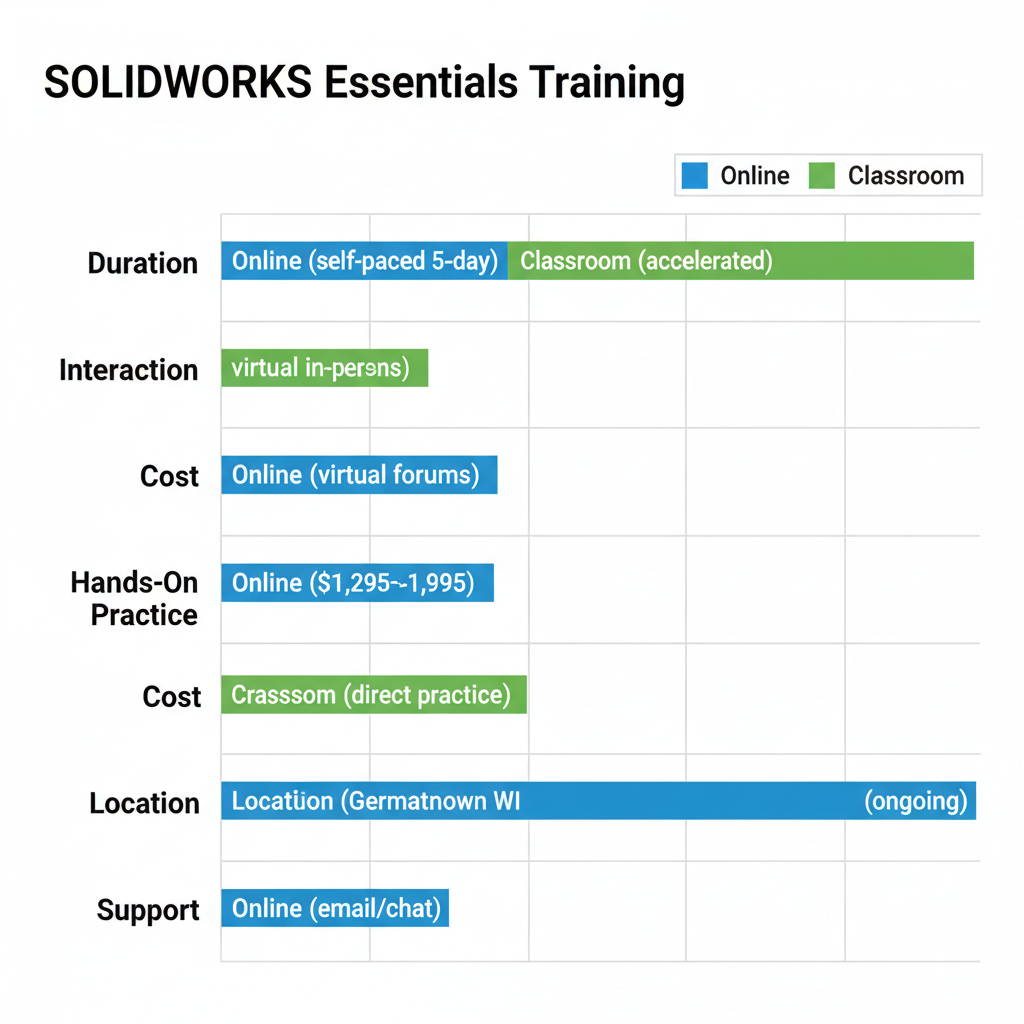 Horizontal bar chart comparing online and classroom SOLIDWORKS Essentials training formats across key aspects like duration, interaction, cost, hands-on practice, location, and support.