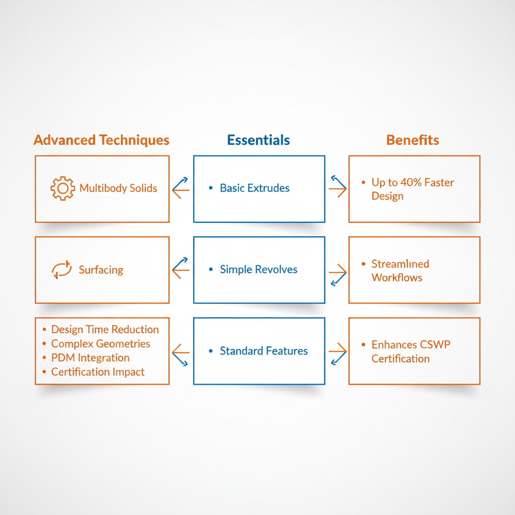 Infographic comparing advanced and essential part modeling techniques in SOLIDWORKS, with icons, colors, and benefits for certification.