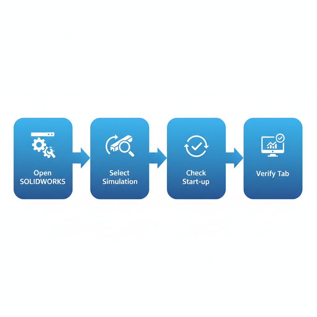 Horizontal process flow diagram illustrating steps to activate SOLIDWORKS Simulation add-in