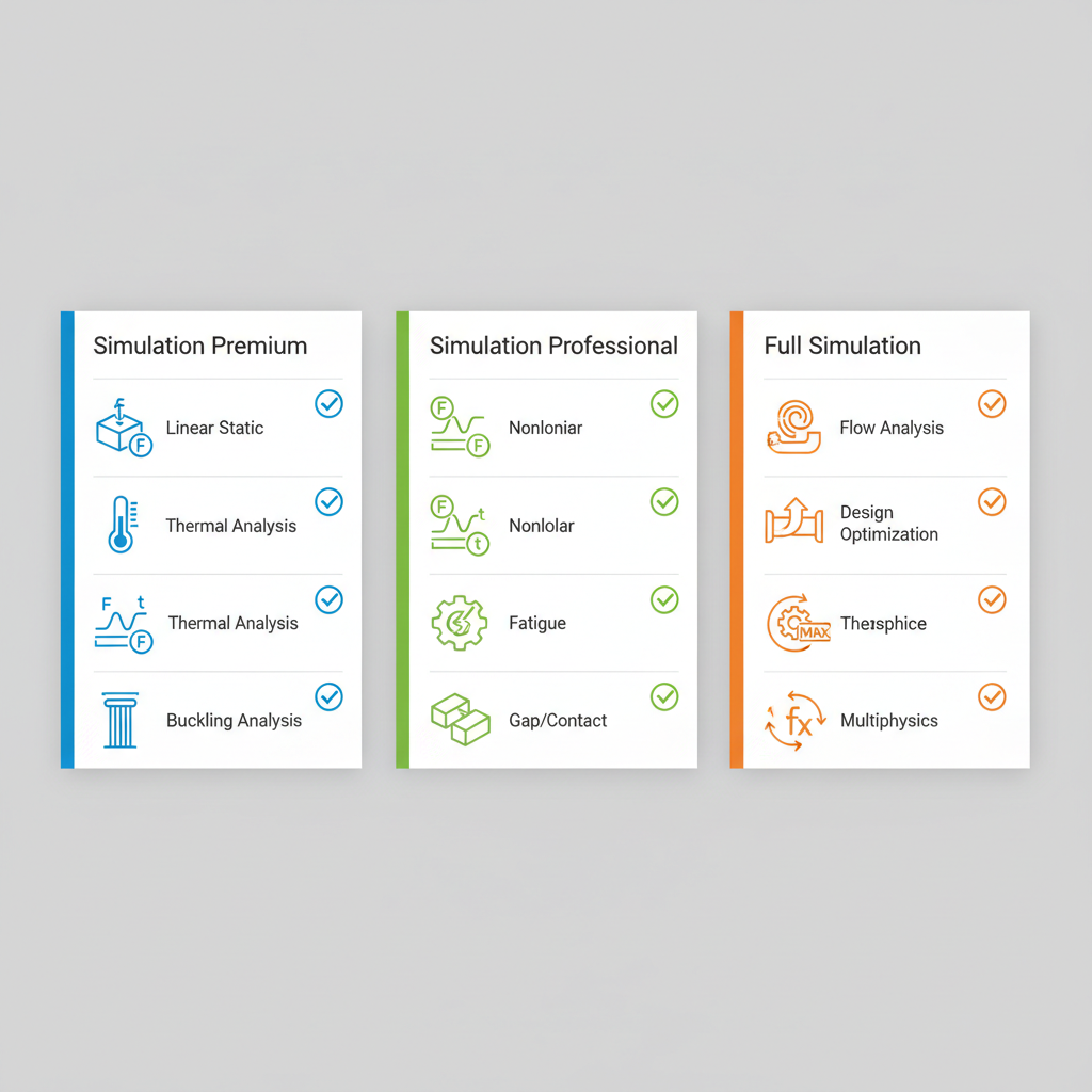 Infographic comparing SOLIDWORKS Simulation Premium, Professional, and Full packages with feature icons and checkmarks.