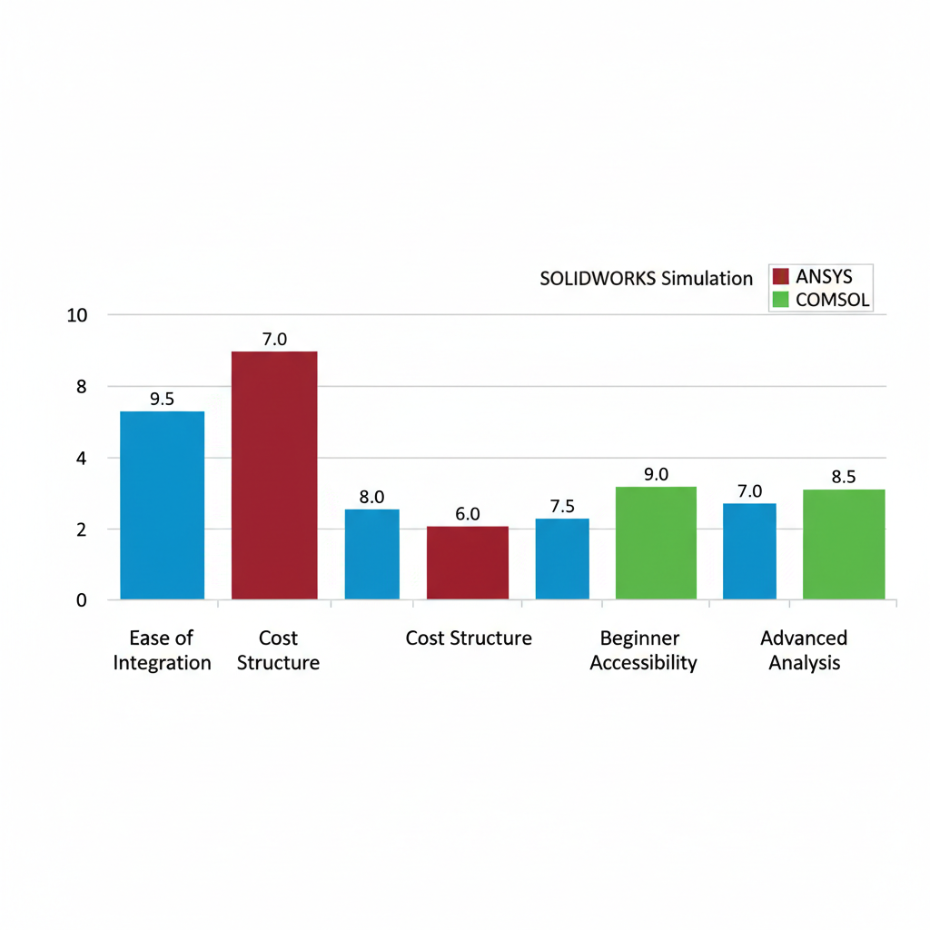 Bar chart illustrating comparison of SOLIDWORKS Simulation features with ANSYS and COMSOL across key criteria on a 1-10 rating scale.