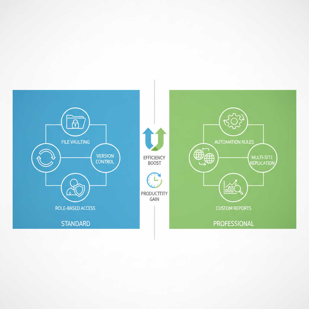 Infographic comparing SOLIDWORKS PDM Standard and Professional editions side-by-side with icons and minimal labels.