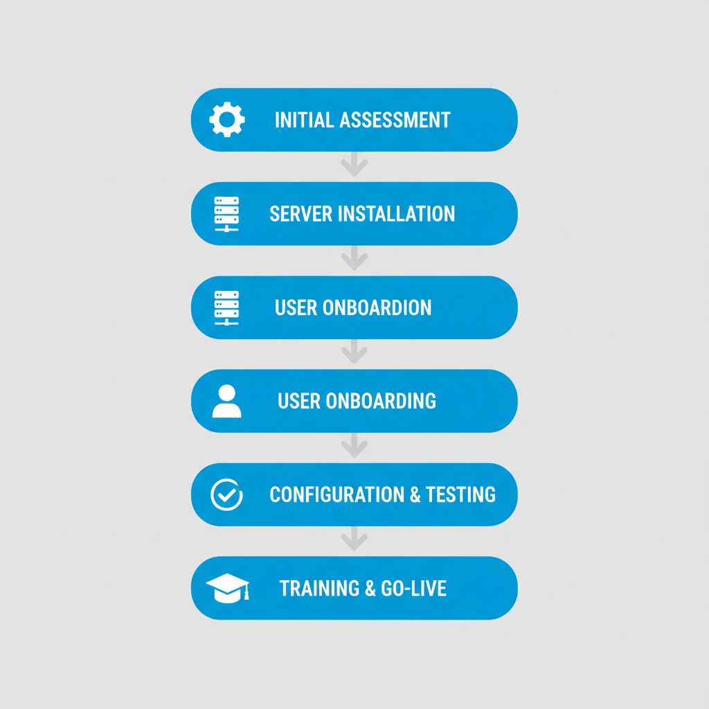 Vertical process flow illustrating SOLIDWORKS PDM deployment stages with icons and labels
