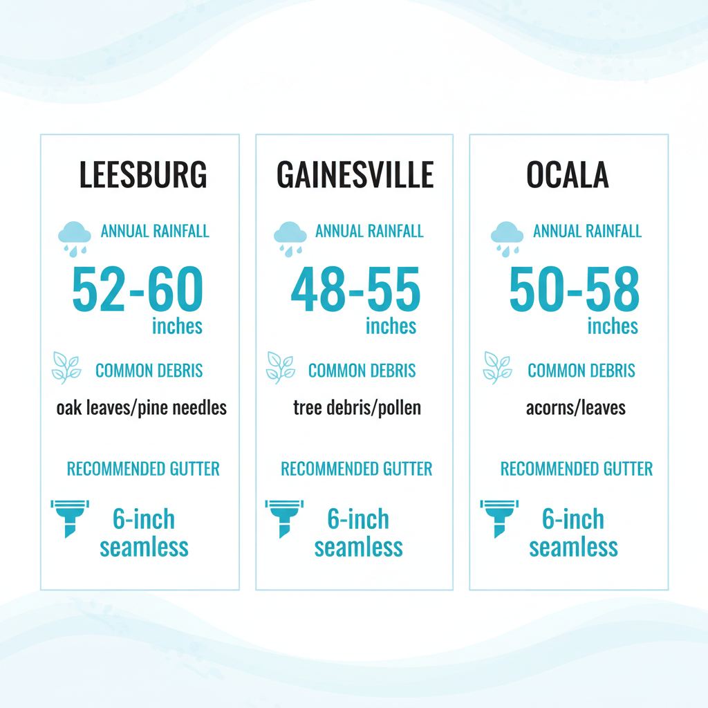 Infographic showing gutter requirements in Leesburg, Gainesville, and Ocala with rainfall, debris, and size data.