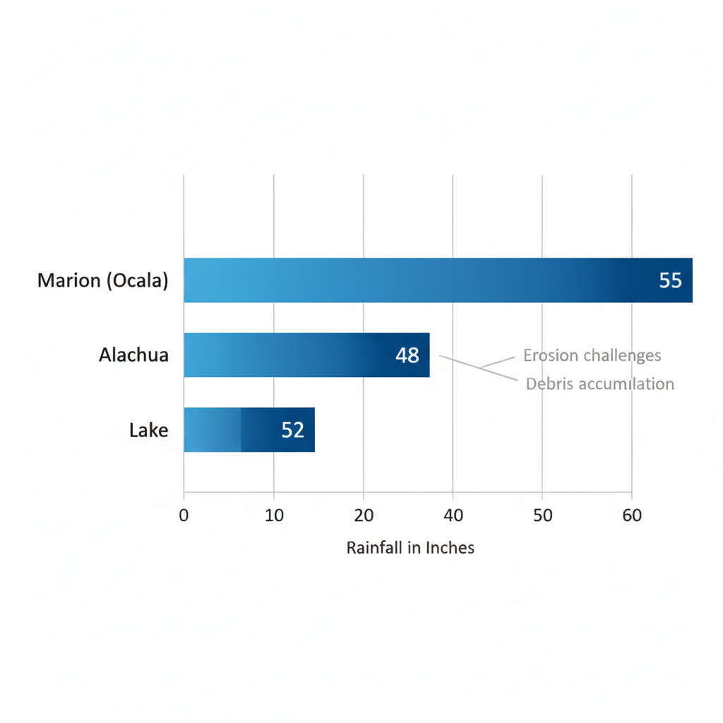 Horizontal bar chart comparing average annual rainfall in Marion, Alachua, and Lake counties near Ocala, highlighting gutter-related challenges.