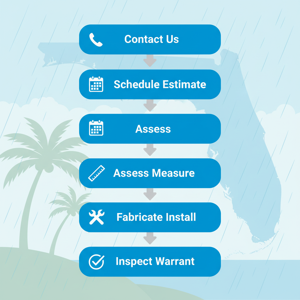 Vertical process flow diagram showing five steps to start gutter services in Ocala: contact, schedule, assess, install, inspect.