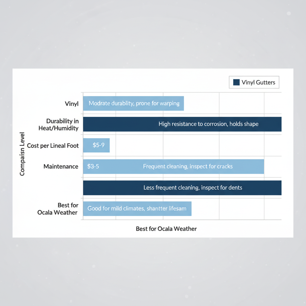 Bar chart comparing vinyl and aluminum gutters on durability, cost, maintenance, and suitability for Ocala's humid weather.
