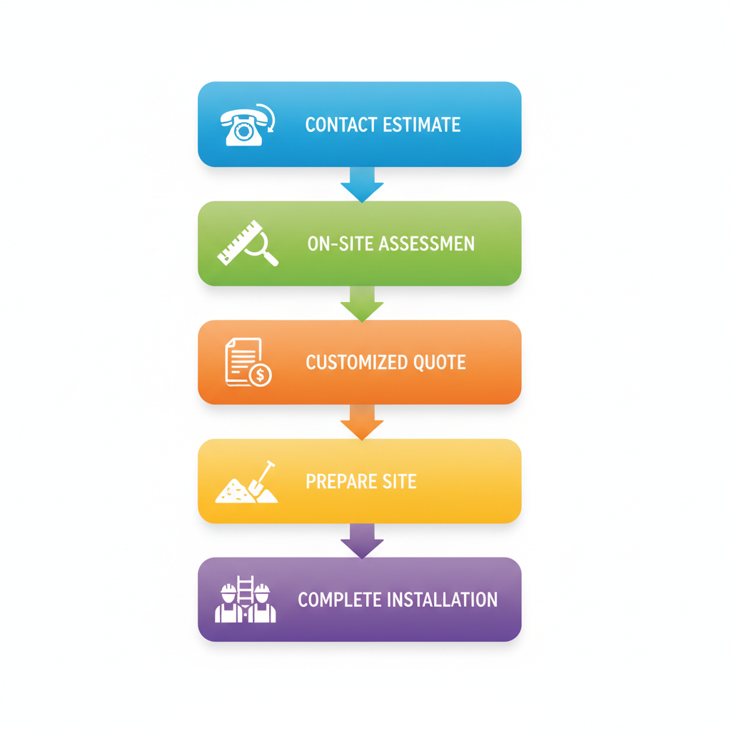 Vertical process flow diagram showing five steps for starting gutter services in Ocala: contact, assessment, quote, preparation, and installation.