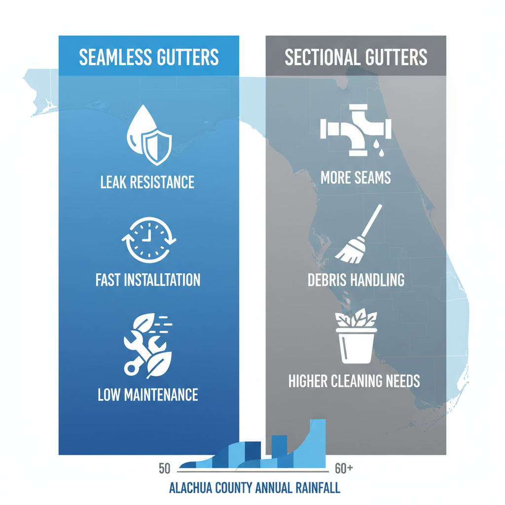 Infographic comparing seamless and sectional gutters, highlighting advantages for heavy Florida rainfall in Gainesville.