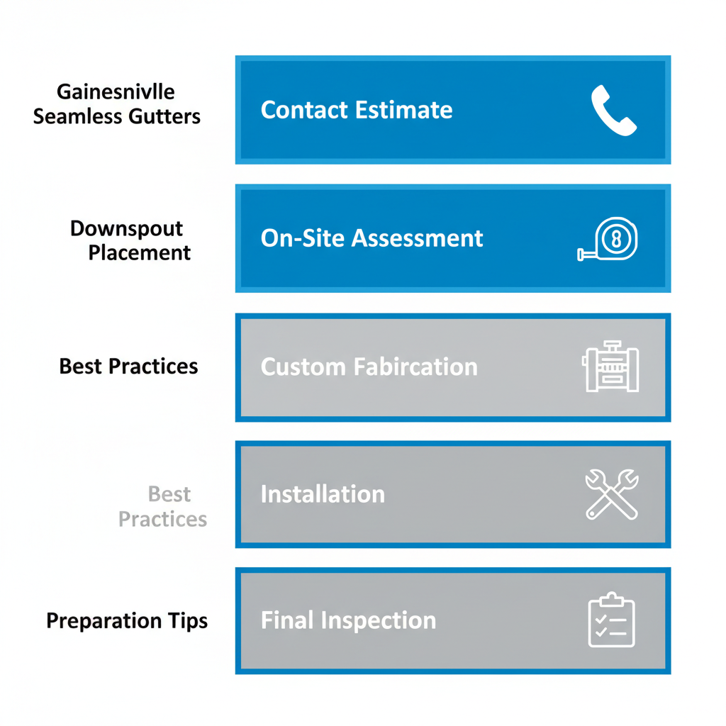 Vertical process flow diagram illustrating five steps for seamless gutter installation in Gainesville