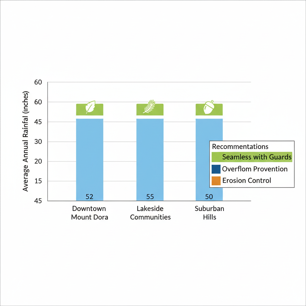 Horizontal bar chart comparing rainfall and debris challenges in Mount Dora neighborhoods with color-coded recommendations for seamless gutters