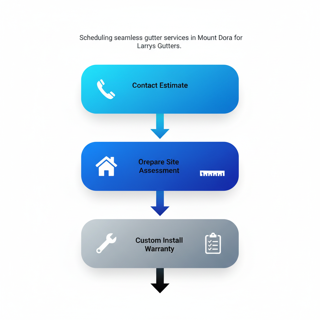 Vertical process flow diagram illustrating the five steps to schedule seamless gutter services in Mount Dora: contact for estimate, prepare site, on-site assessment, custom fabrication and installation, and post-install care with warranty.