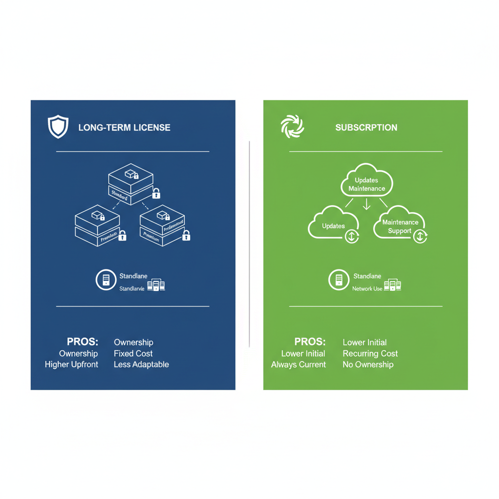 Infographic comparing SOLIDWORKS perpetual and subscription licenses side-by-side with icons and pros/cons labels.