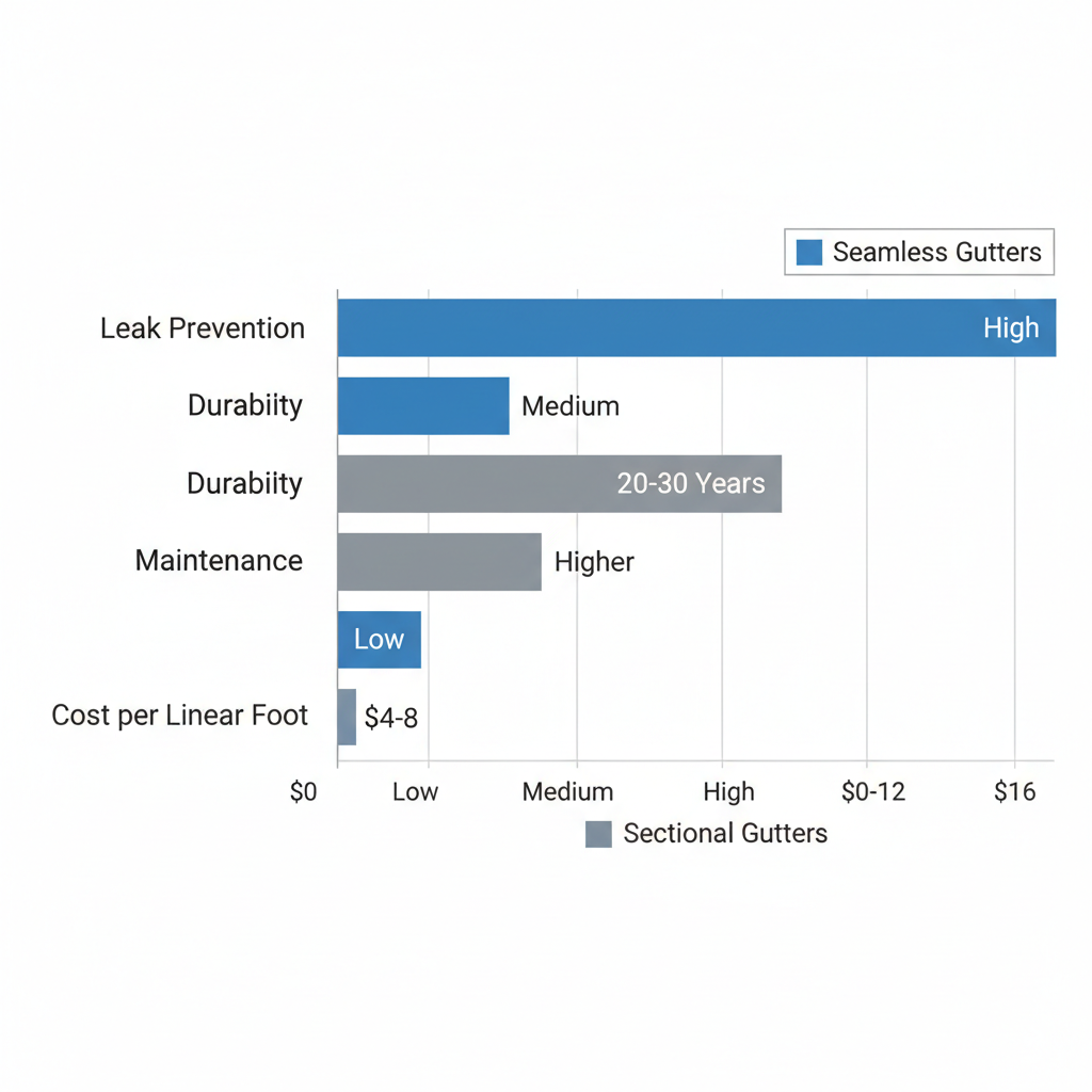 Horizontal bar chart comparing seamless and sectional gutters on leak prevention, durability, maintenance, and cost for Sorrento homes in Florida climate
