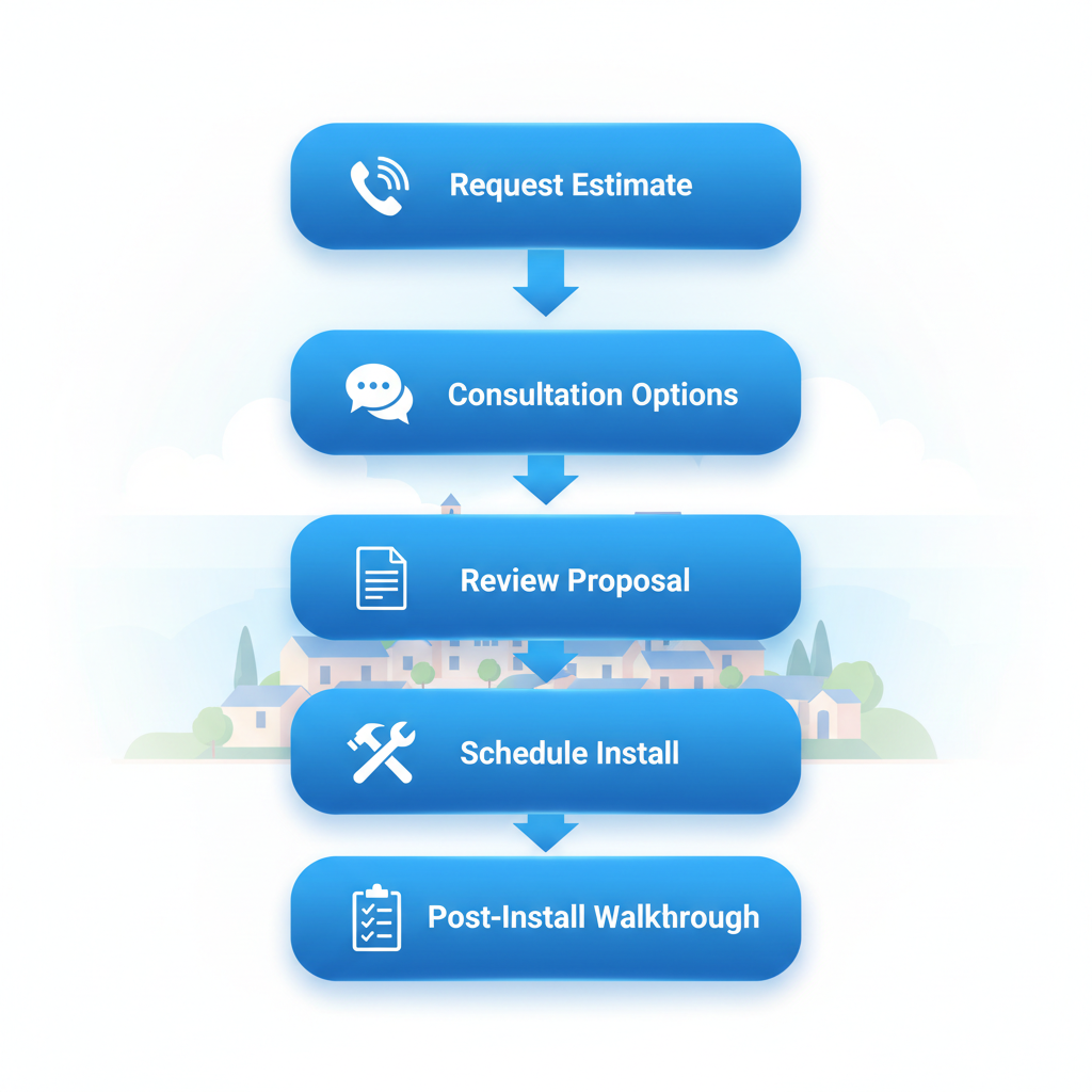 Vertical process flow diagram illustrating the five steps to get seamless gutters installed in Sorrento: request estimate, consultation, review proposal, schedule install, and post-install walkthrough.