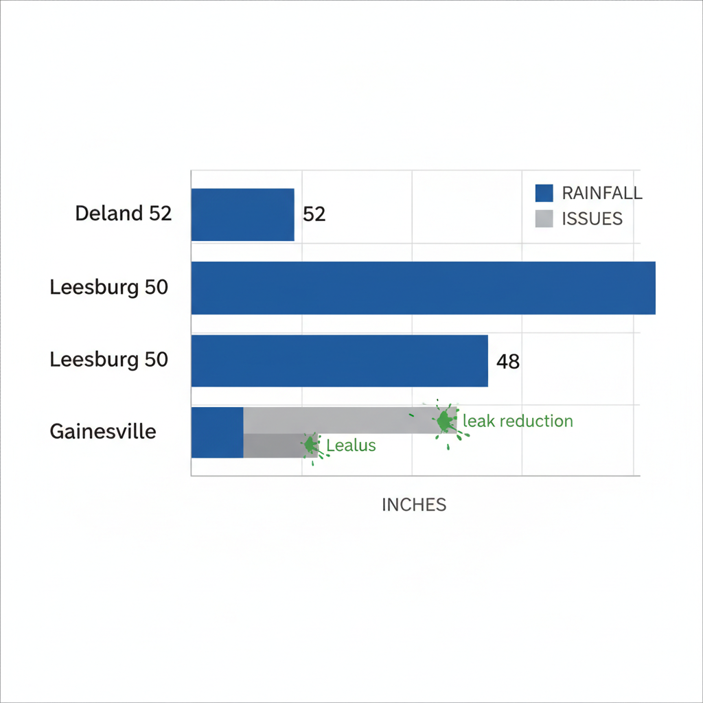 Horizontal bar chart comparing annual rainfall in Deland, Leesburg, and Gainesville with gutter challenges like overflow and benefits like leak reduction.